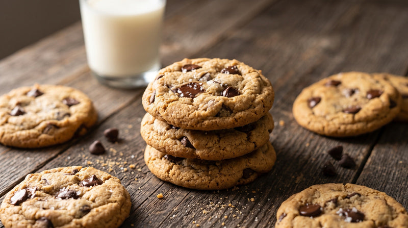 A stack of classic chocolate chip cookies with melted chocolate chips and a glass of milk on a wooden table