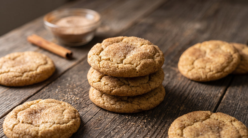 A stack of snickerdoodle cookies with crackly cinnamon-sugar tops next to a bowl of cinnamon sugar