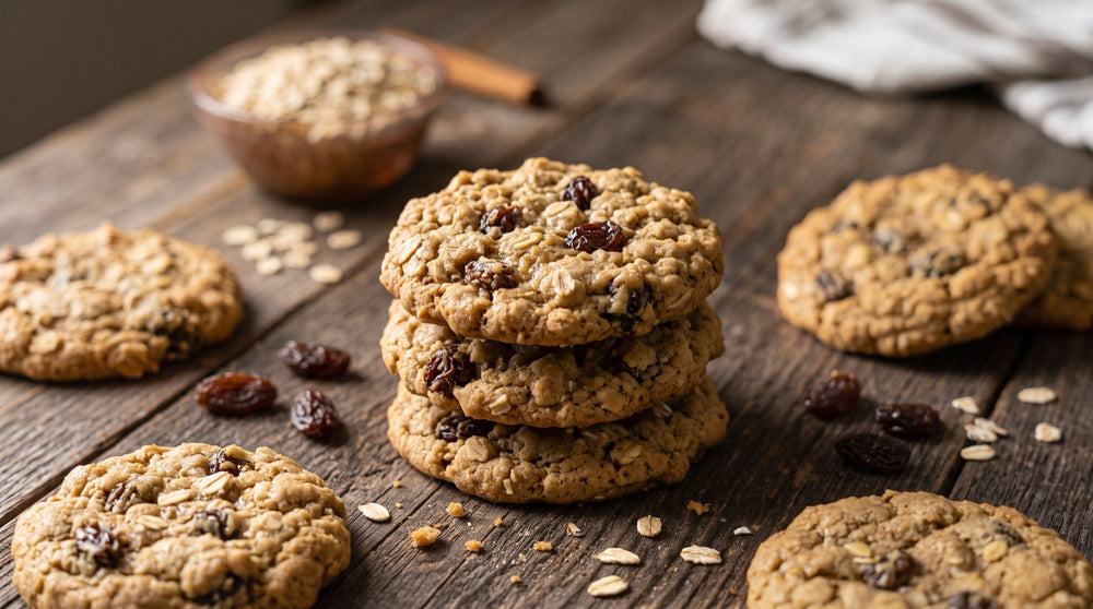 A stack of soft oatmeal raisin cookies with raisins and rolled oats on a wooden table
